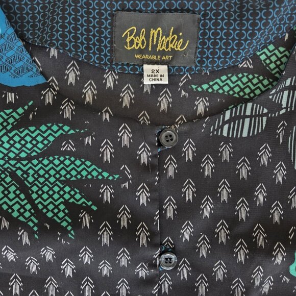Bob Mackie Wearable Art 3/4 Sleeve Full-Button-Down Floral Blouse Top Black Blue - Picture 5 of 6
